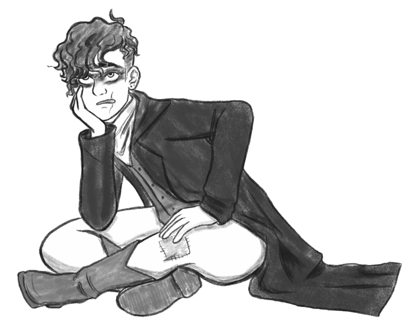 ID: digital drawing of an androgynous person with short wavy hair is sitting cross-legged with their head in one hand, looking upwards with an exasperated expression