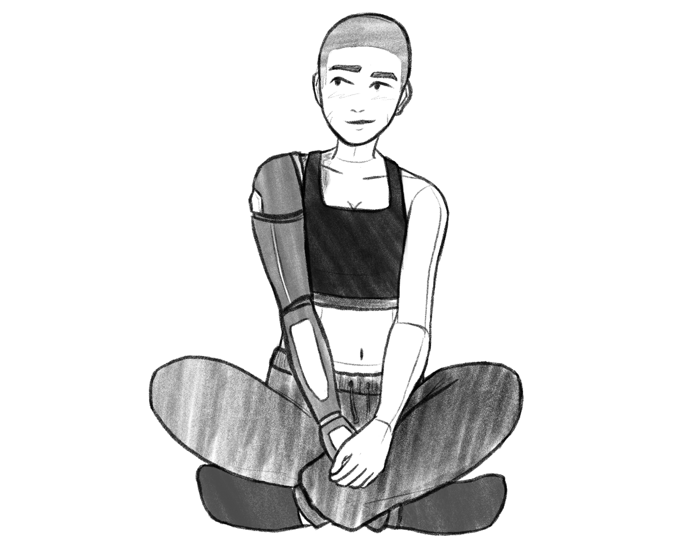 ID: digital drawing of an androgynous person with short wavy hair is sitting cross-legged with their head in one hand, looking upwards with an exasperated expression